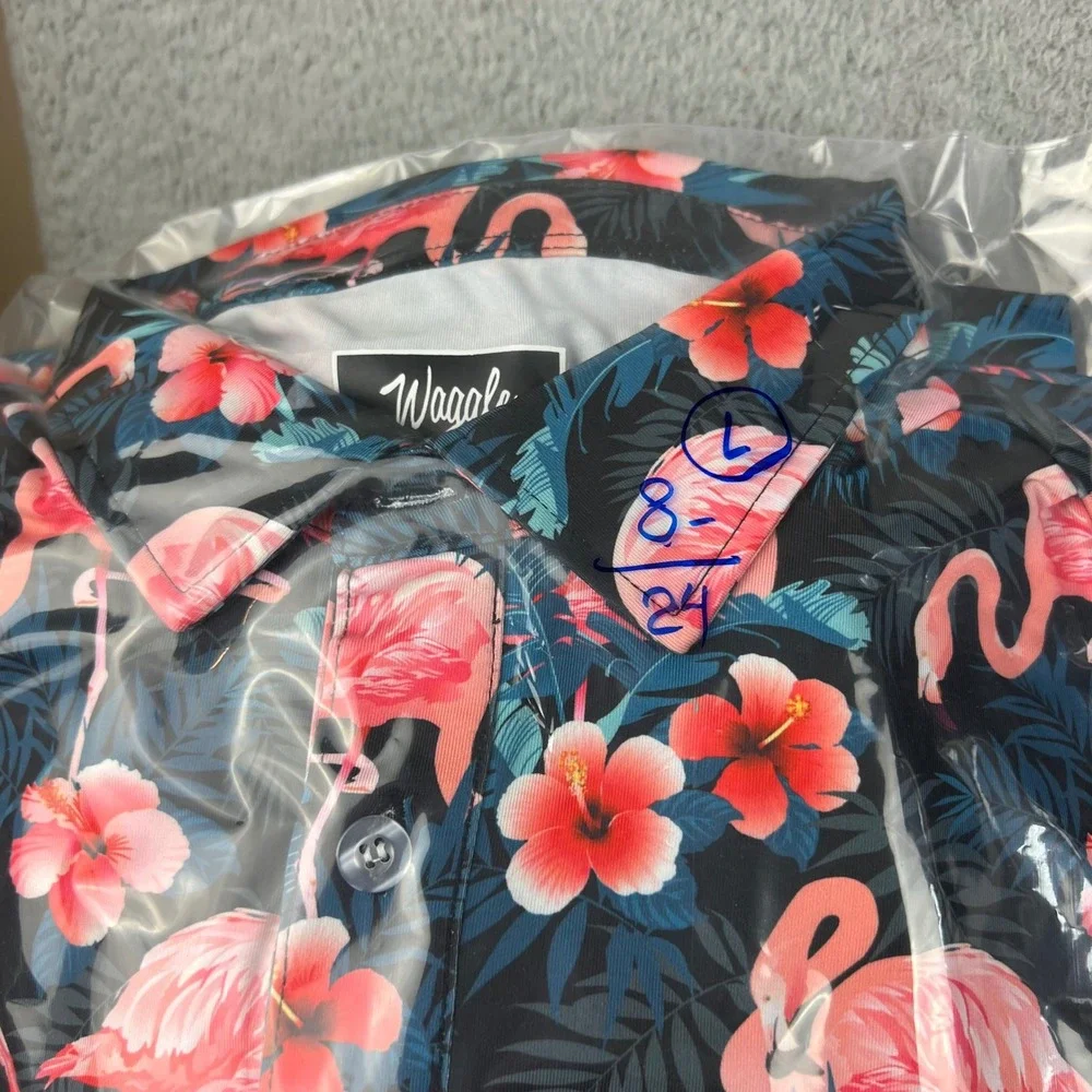 Waggle Mens Golf Polo Shirt Large Flamingo Hibiscus Floral Tropical Short Sleeve - Picture 7 of 7